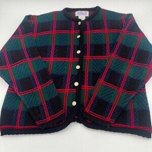 Vintage Tally Ho Cardigan Sweater Women’s Size PM Green Red Plaid Long Sleeve